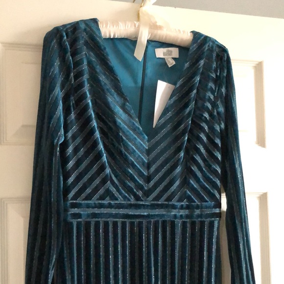 Badgley Mischka Striped Teal Velvet Gown 4 NWT - Picture 4 of 13